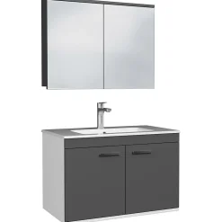 Ensemble Meuble De Salle De Bains|Saniverre Meuble salle de bain RUBITE simple vasque 2 portes Gris anthracite L. 80 cm + miroir armoire -