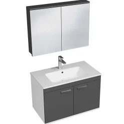 Ensemble Meuble De Salle De Bains|Saniverre Meuble salle de bain RUBITE simple vasque 2 portes Gris anthracite L. 80 cm + miroir armoire -