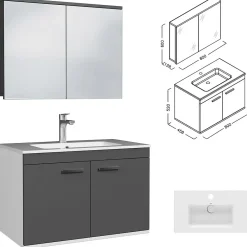 Ensemble Meuble De Salle De Bains|Saniverre Meuble salle de bain RUBITE simple vasque 2 portes Gris anthracite L. 80 cm + miroir armoire -