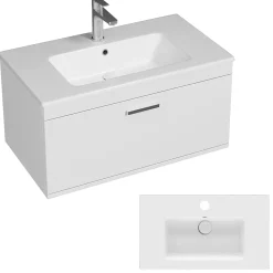 Saniverre Meuble salle de bain simple vasque RUBITE 1 tiroir Blanc L. 80 cm + miroir armoire -