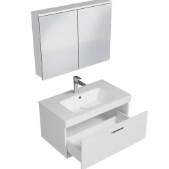 Saniverre Meuble salle de bain simple vasque RUBITE 1 tiroir Blanc L. 80 cm + miroir armoire -