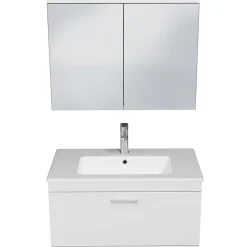 Saniverre Meuble salle de bain simple vasque RUBITE 1 tiroir Blanc L. 80 cm + miroir armoire -