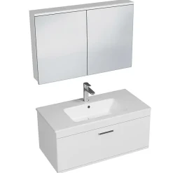 Ensemble Meuble De Salle De Bains|Saniverre Meuble salle de bain simple vasque RUBITE 1 tiroir Blanc L. 90 cm + miroir armoire -