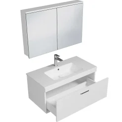 Ensemble Meuble De Salle De Bains|Saniverre Meuble salle de bain simple vasque RUBITE 1 tiroir Blanc L. 90 cm + miroir armoire -