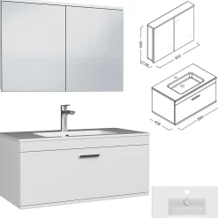 Ensemble Meuble De Salle De Bains|Saniverre Meuble salle de bain simple vasque RUBITE 1 tiroir Blanc L. 90 cm + miroir armoire -