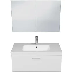 Ensemble Meuble De Salle De Bains|Saniverre Meuble salle de bain simple vasque RUBITE 1 tiroir Blanc L. 90 cm + miroir armoire -