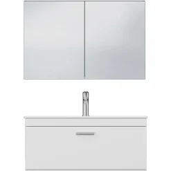 Ensemble Meuble De Salle De Bains|Saniverre Meuble salle de bain simple vasque RUBITE 1 tiroir Blanc L. 90 cm + miroir armoire -