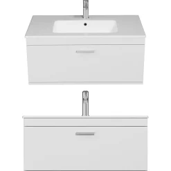 Ensemble Meuble De Salle De Bains|Saniverre Meuble salle de bain simple vasque RUBITE 1 tiroir Blanc L. 90 cm + miroir armoire -