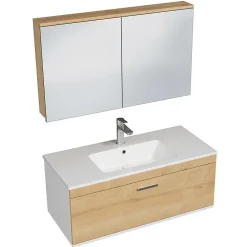 Saniverre Meuble salle de bain simple vasque RUBITE 1 tiroir Chêne clair L. 100 cm + miroir armoire -