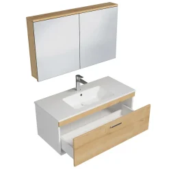 Saniverre Meuble salle de bain simple vasque RUBITE 1 tiroir Chêne clair L. 100 cm + miroir armoire -