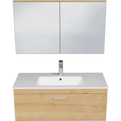 Saniverre Meuble salle de bain simple vasque RUBITE 1 tiroir Chêne clair L. 100 cm + miroir armoire -