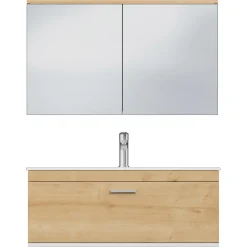 Saniverre Meuble salle de bain simple vasque RUBITE 1 tiroir Chêne clair L. 100 cm + miroir armoire -