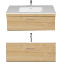 Saniverre Meuble salle de bain simple vasque RUBITE 1 tiroir Chêne clair L. 100 cm + miroir armoire -