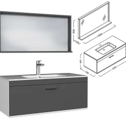 Saniverre Meuble salle de bain simple vasque RUBITE 1 tiroir Anthracite L. 100 cm + miroir cadre -