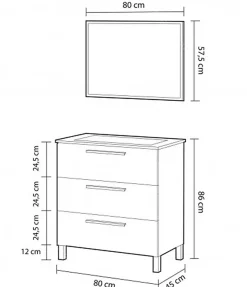 Pegane Meuble salle de bain sous vasque salle de bain avec 3 Tiroirs + 1 Miroir chêne clair - Longueur 80 x Profondeur 45 x Hauteur 86 cm