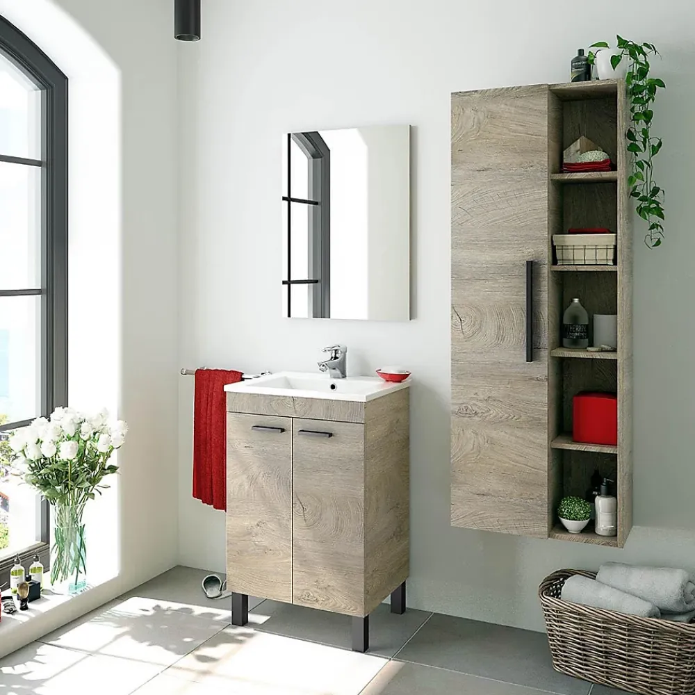 Meuble Sous Lavabo|Pegane Meuble salle de bain Sous-Vasque 50 cm + Miroir coloris Alaska chêne à nœuds - Longueur 50 x Hauteur 80 x Profondeur 40 cm
