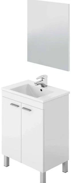 Pegane Meuble salle de bain Sous-vasque 60 cm avec 2 portes + Miroir coloris blanc brillant - H80 x Longueur 60 x Profondeur 45 cm