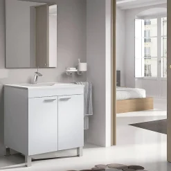 Pegane Meuble salle de bain Sous-vasque 60 cm avec 2 portes + Miroir coloris blanc brillant - H80 x Longueur 60 x Profondeur 45 cm