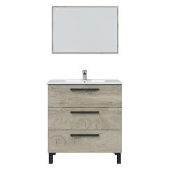 Meuble Sous Lavabo|Pegane Meuble salle de bain sous vasque avec 3 Tiroirs + 1 Miroir coloris Alaska chêne - Longueur 80 x Profondeur 45 x Hauteur 86 cm