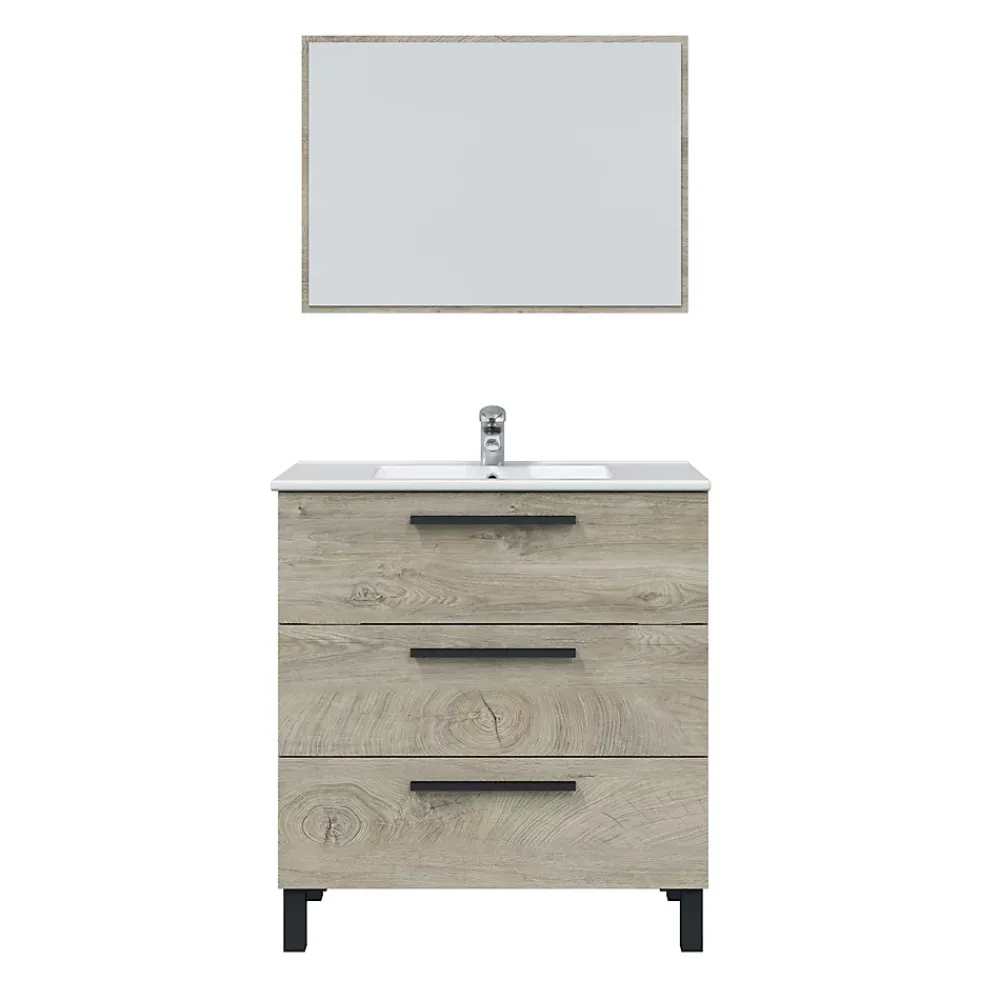 Meuble Sous Lavabo|Pegane Meuble salle de bain sous vasque avec 3 Tiroirs + 1 Miroir coloris Alaska chêne - Longueur 80 x Profondeur 45 x Hauteur 86 cm