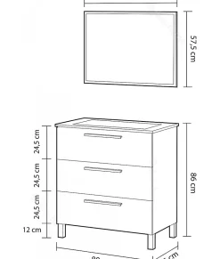 Meuble Sous Lavabo|Pegane Meuble salle de bain sous vasque avec 3 Tiroirs + 1 Miroir coloris Alaska chêne - Longueur 80 x Profondeur 45 x Hauteur 86 cm