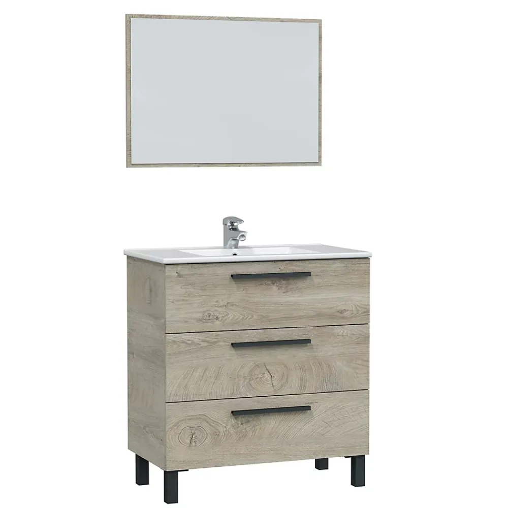 Meuble Sous Lavabo|Pegane Meuble salle de bain sous vasque avec 3 Tiroirs + 1 Miroir coloris Alaska chêne - Longueur 80 x Profondeur 45 x Hauteur 86 cm