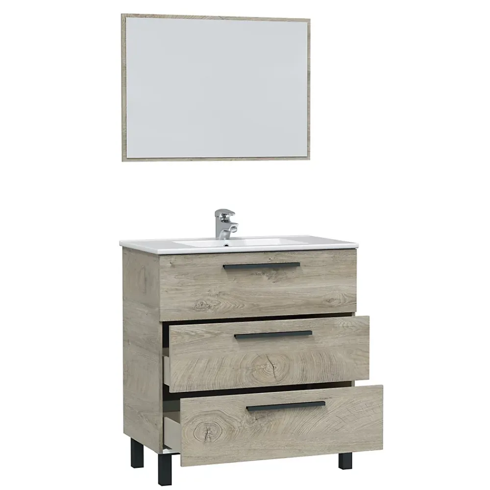 Meuble Sous Lavabo|Pegane Meuble salle de bain sous vasque avec 3 Tiroirs + 1 Miroir coloris Alaska chêne - Longueur 80 x Profondeur 45 x Hauteur 86 cm