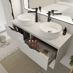 Planète Bain Meuble salle de bain strié 120 cm pour vasque à poser - Blanc mat - à suspendre - Tirso