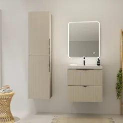 Meuble Vasque|Planète Bain Meuble salle de bain strié - 60 cm - avec plan vasque - Beige cachemire mat - à suspendre - Tirso