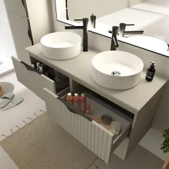Planète Bain Meuble salle de bain strié 120 cm pour vasque à poser - Beige cachemire mat - à suspendre - Tirso
