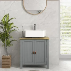 kleankin Meuble salle de bain sur pied - meuble sous-vasque - 2 portes, étagère - MDF panneaux aspect bois clair gris