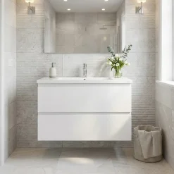 Swiss Aqua Technologies Meuble salle de bain suspendu 59 x 50 x 45 cm blanc brillant 2 tiroirs avec lavabo en marbre coulé SAT B-Way (BWAY260WU)