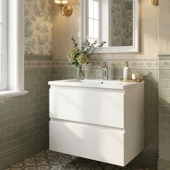 Swiss Aqua Technologies Meuble salle de bain suspendu 59 x 50 x 45 cm blanc brillant 2 tiroirs avec lavabo en marbre coulé SAT B-Way (BWAY260WU)
