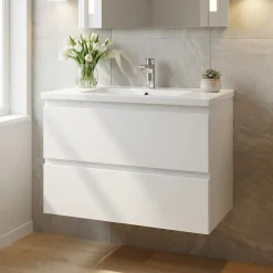 Swiss Aqua Technologies Meuble salle de bain suspendu 59 x 50 x 45 cm blanc brillant 2 tiroirs avec lavabo en marbre coulé SAT B-Way (BWAY260WU)