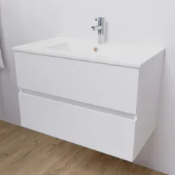 Meuble Vasque|Cuisibane Meuble salle de bain suspendu 80 cm ROSALY- Blanc- Plan vasque en Céramique