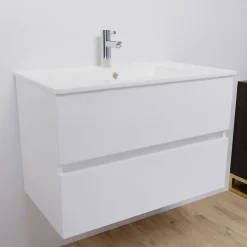 Meuble Vasque|Cuisibane Meuble salle de bain suspendu 80 cm ROSALY- Blanc- Plan vasque en Céramique