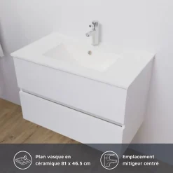 Meuble Vasque|Cuisibane Meuble salle de bain suspendu 80 cm ROSALY- Blanc- Plan vasque en Céramique