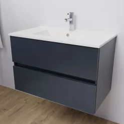 Meuble Vasque|Cuisibane Meuble salle de bain suspendu 80 cm ROSALY- Gris- Plan vasque en Céramique