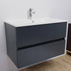 Meuble Vasque|Cuisibane Meuble salle de bain suspendu 80 cm ROSALY- Gris- Plan vasque en Céramique
