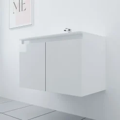 Meuble Vasque|Cuisibane Meuble salle de bain suspendu 80 cm PROLINE- Blanc- Plan vasque en Céramique