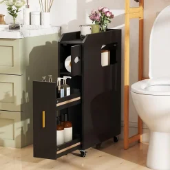 Giantex Meuble Salle de Bain Étroit,avec Support pour Papier Toilette,2 Tiroir, 2 Roue, Poignée Pratique,pour Buanderie, Toilette (Noir)