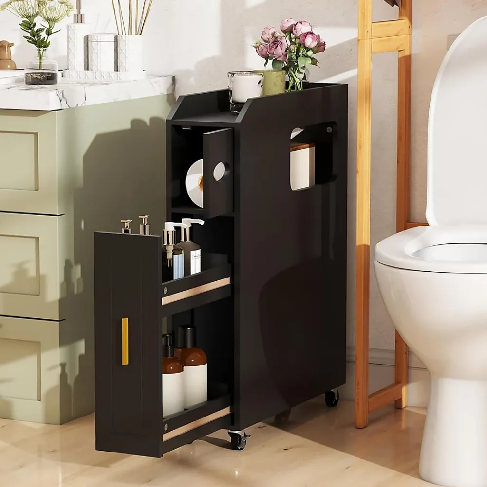Giantex Meuble Salle de Bain Étroit,avec Support pour Papier Toilette,2 Tiroir, 2 Roue, Poignée Pratique,pour Buanderie, Toilette (Noir)