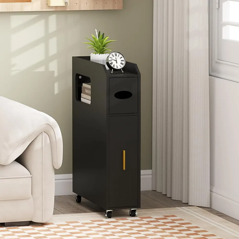 Giantex Meuble Salle de Bain Étroit,avec Support pour Papier Toilette,2 Tiroir, 2 Roue, Poignée Pratique,pour Buanderie, Toilette (Noir)