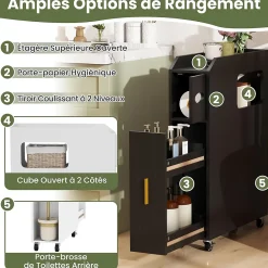 Giantex Meuble Salle de Bain Étroit,avec Support pour Papier Toilette,2 Tiroir, 2 Roue, Poignée Pratique,pour Buanderie, Toilette (Noir)