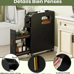 Giantex Meuble Salle de Bain Étroit,avec Support pour Papier Toilette,2 Tiroir, 2 Roue, Poignée Pratique,pour Buanderie, Toilette (Noir)