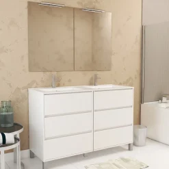 Aurlane Meuble Salle de Bains 120 cm Laqué Blanc 6 Tiroirs, Vasque, Miroirs 60x80 et Réglettes Led - XENOS