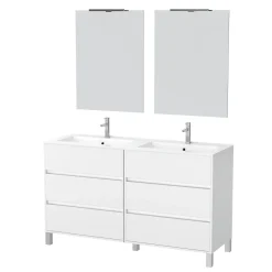 Aurlane Meuble Salle de Bains 120 cm Laqué Blanc 6 Tiroirs, Vasque, Miroirs 60x80 et Réglettes Led - XENOS