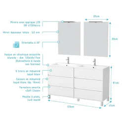 Aurlane Meuble Salle de Bains 120 cm Laqué Blanc 6 Tiroirs, Vasque, Miroirs 60x80 et Réglettes Led - XENOS