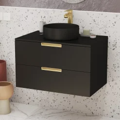 Meuble Vasque|Aurlane Meuble Salle de Bains 80 cm Laqué Noir Mat et Or Doré - 2 Tiroirs - Vasque Ronde à Poser Noire