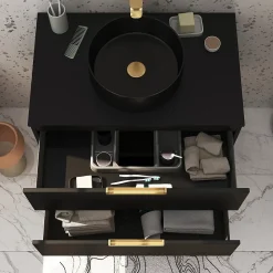 Meuble Vasque|Aurlane Meuble Salle de Bains 80 cm Laqué Noir Mat et Or Doré - 2 Tiroirs - Vasque Ronde à Poser Noire